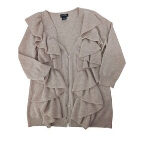 Sutton Studio Wool Cashmere Ruffle Front Cardigan Sweater Oatmeal Tan Womens L